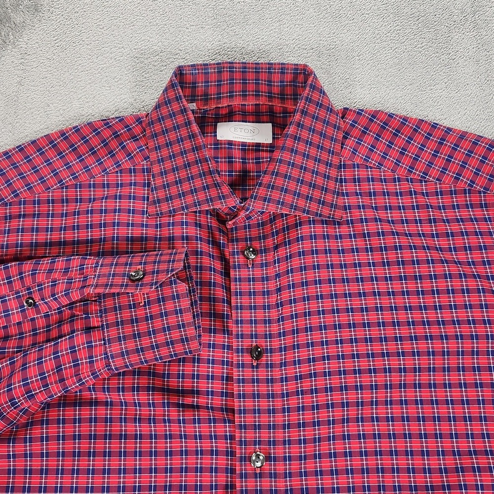 Eton Shirt Mens 17‎ 43 Red Blue Check Contemporary Dress Long Sleeve Cotton